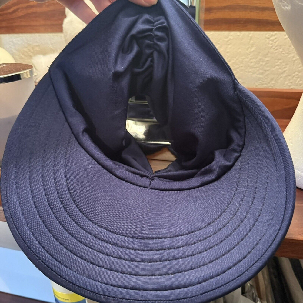 Women's Stretch Headband Baseball Cap Hat Ponytail Back Navy Blue - Picture 8 of 9
